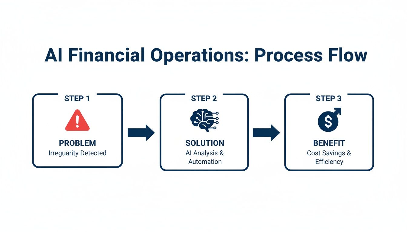 AI financial operations process flow: irregularity detected, AI analysis, automation, leading to cost savings and efficiency.