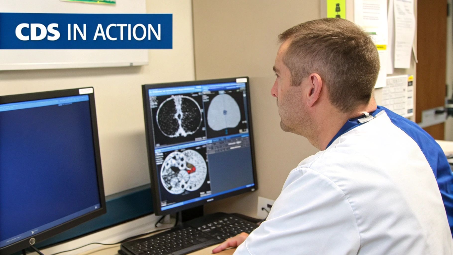 Medical professional analyzing patient scans on a computer, demonstrating clinical decision support in action.