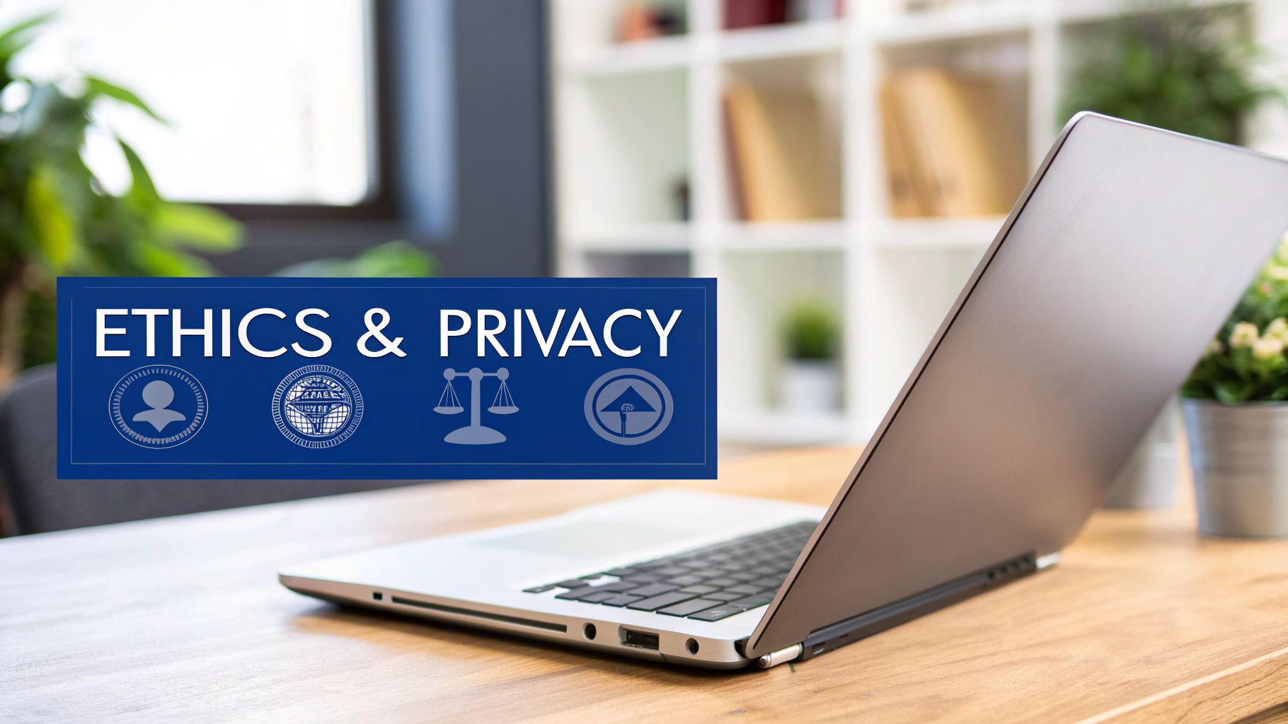 A laptop on a wooden desk with a prominent blue graphic overlay, stating 'ETHICS & PRIVACY' and featuring relevant icons.