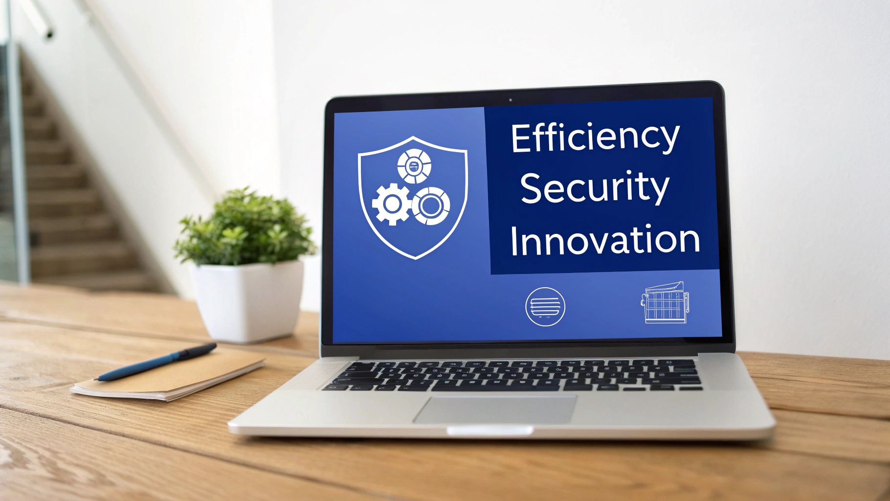 A laptop on a wooden desk displays 'Efficiency Security Innovation' with a shield icon. A plant, notebook, and pen are also on the desk.