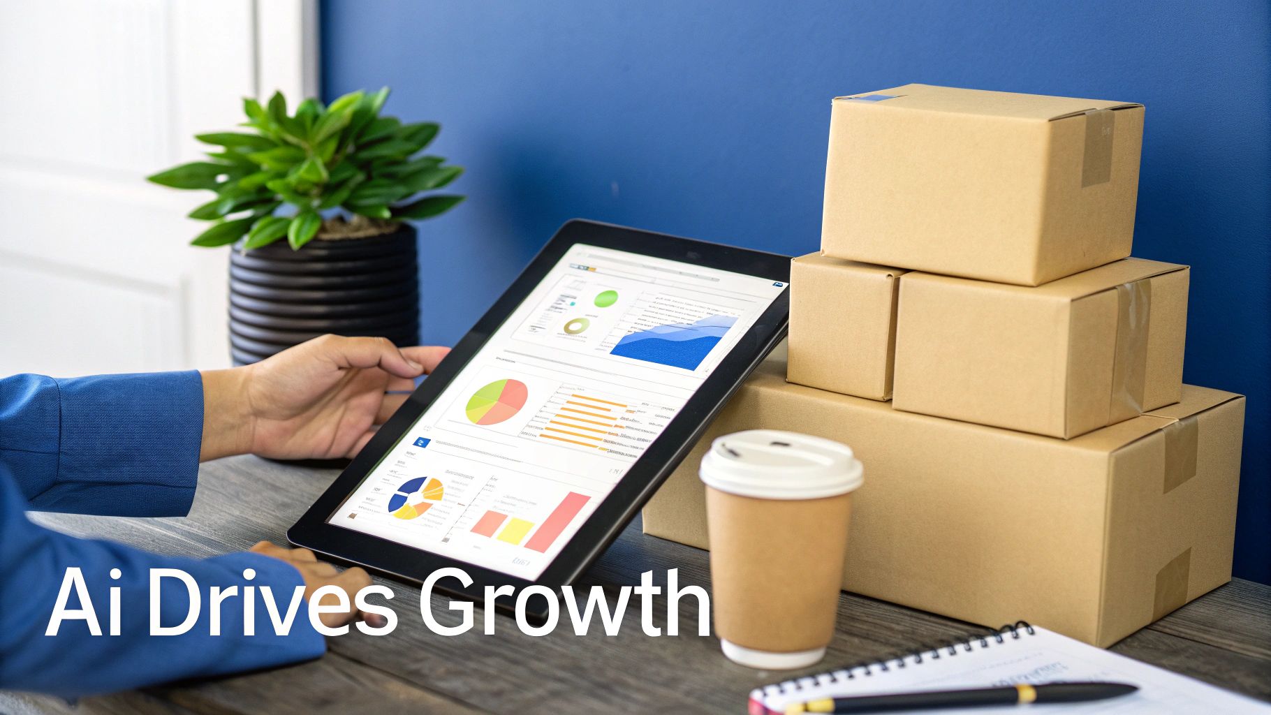 A person views a tablet with business charts, next to shipping boxes, with 'Ai Drives Growth' text.