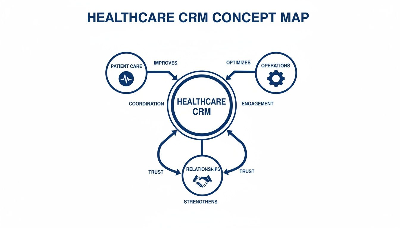 A concept map showing how Healthcare CRM improves patient care, optimizes operations, and strengthens relationships.