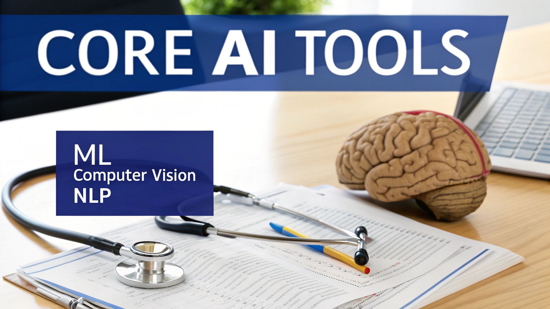 A desk setup featuring a stethoscope, brain model, and laptop, highlighting 'CORE AI TOOLS' and 'ML Computer Vision NLP' in a healthcare context.