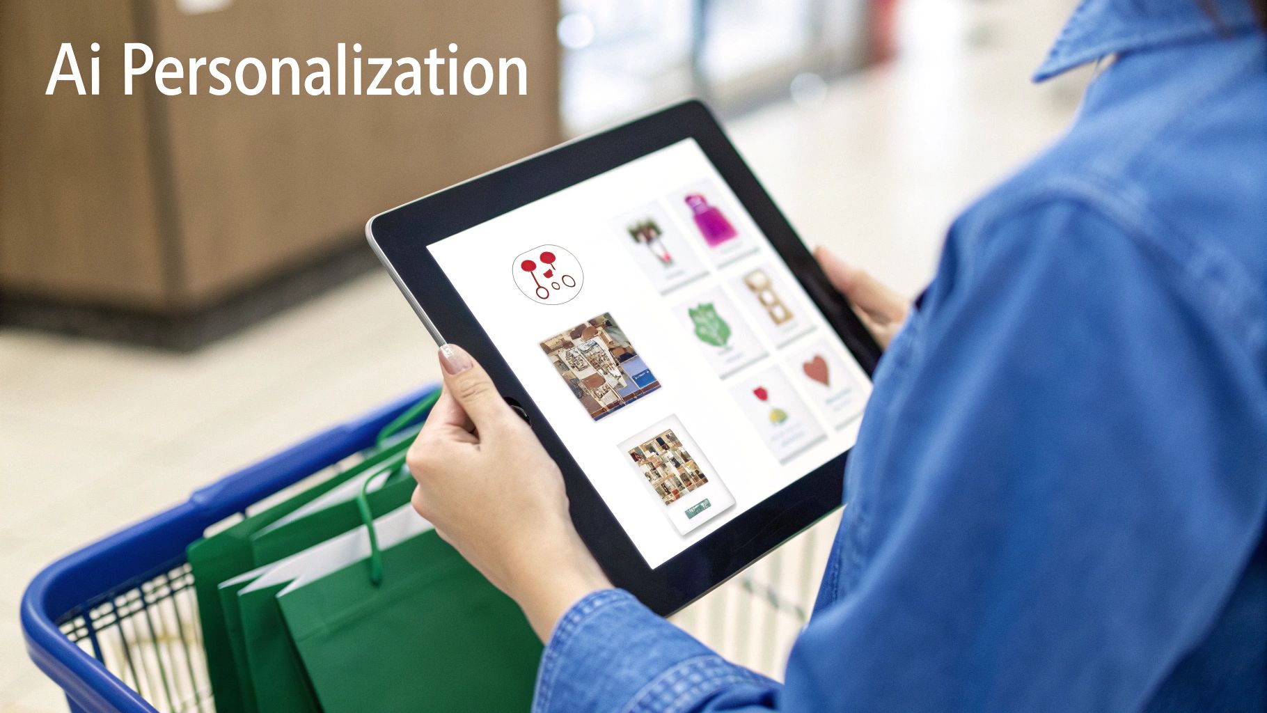 A shopper using a tablet displays AI-personalized product recommendations next to a shopping basket.