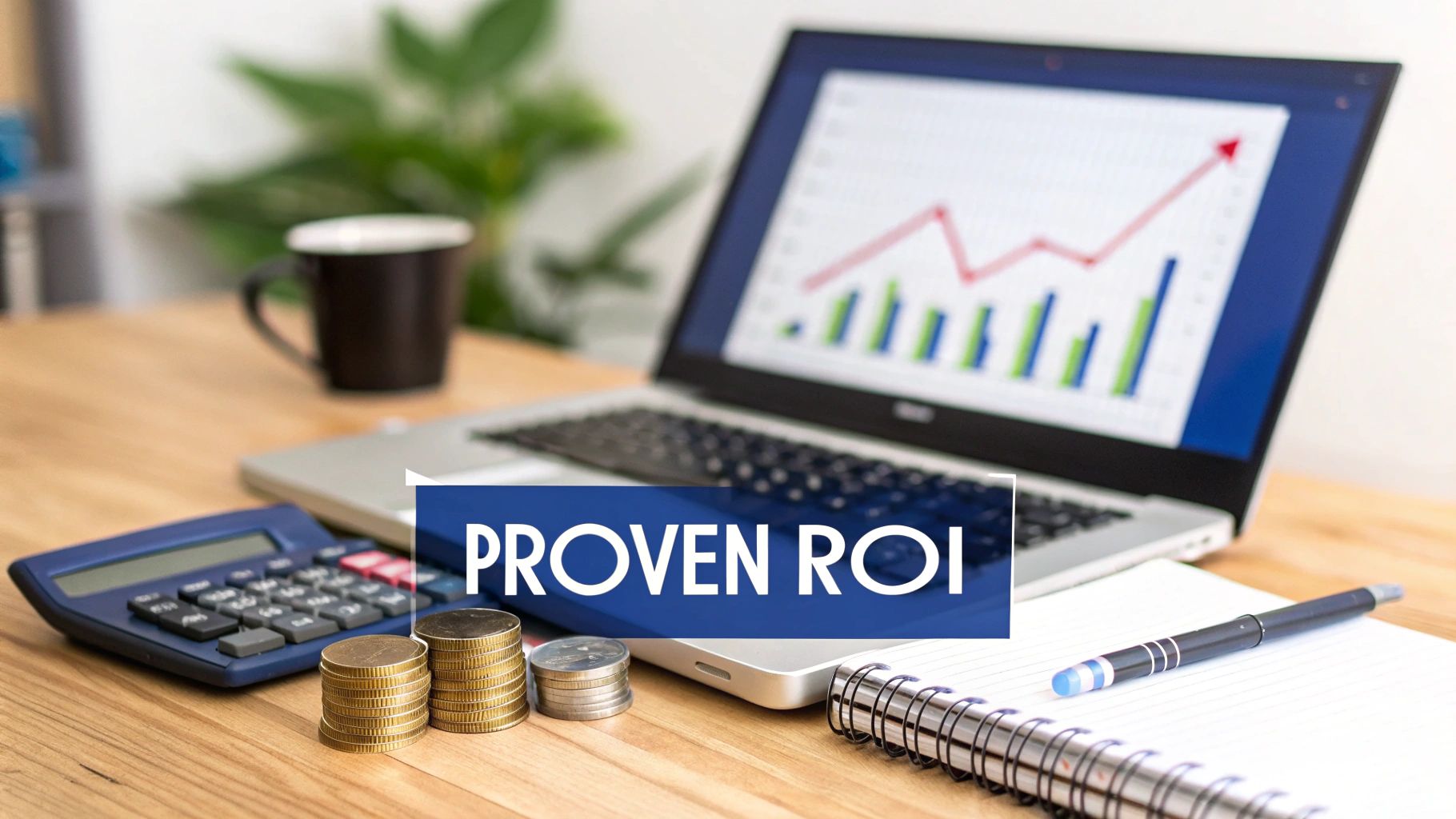 A work desk with a laptop displaying a financial growth chart, calculator, coins, and 'PROVEN ROI' text.
