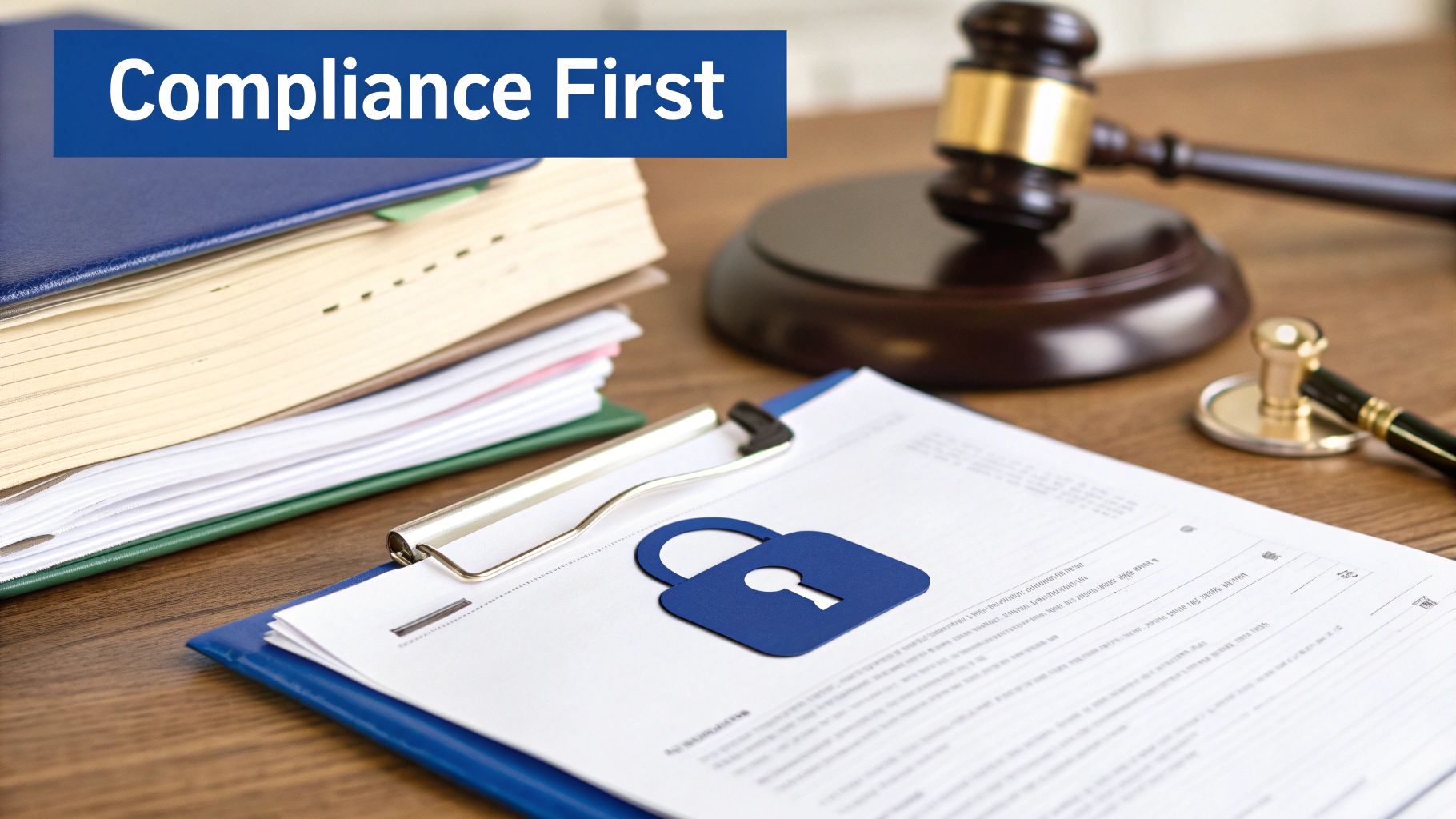 A 'Compliance First' banner above a desk with legal documents, a gavel, and a padlock icon, symbolizing data security.