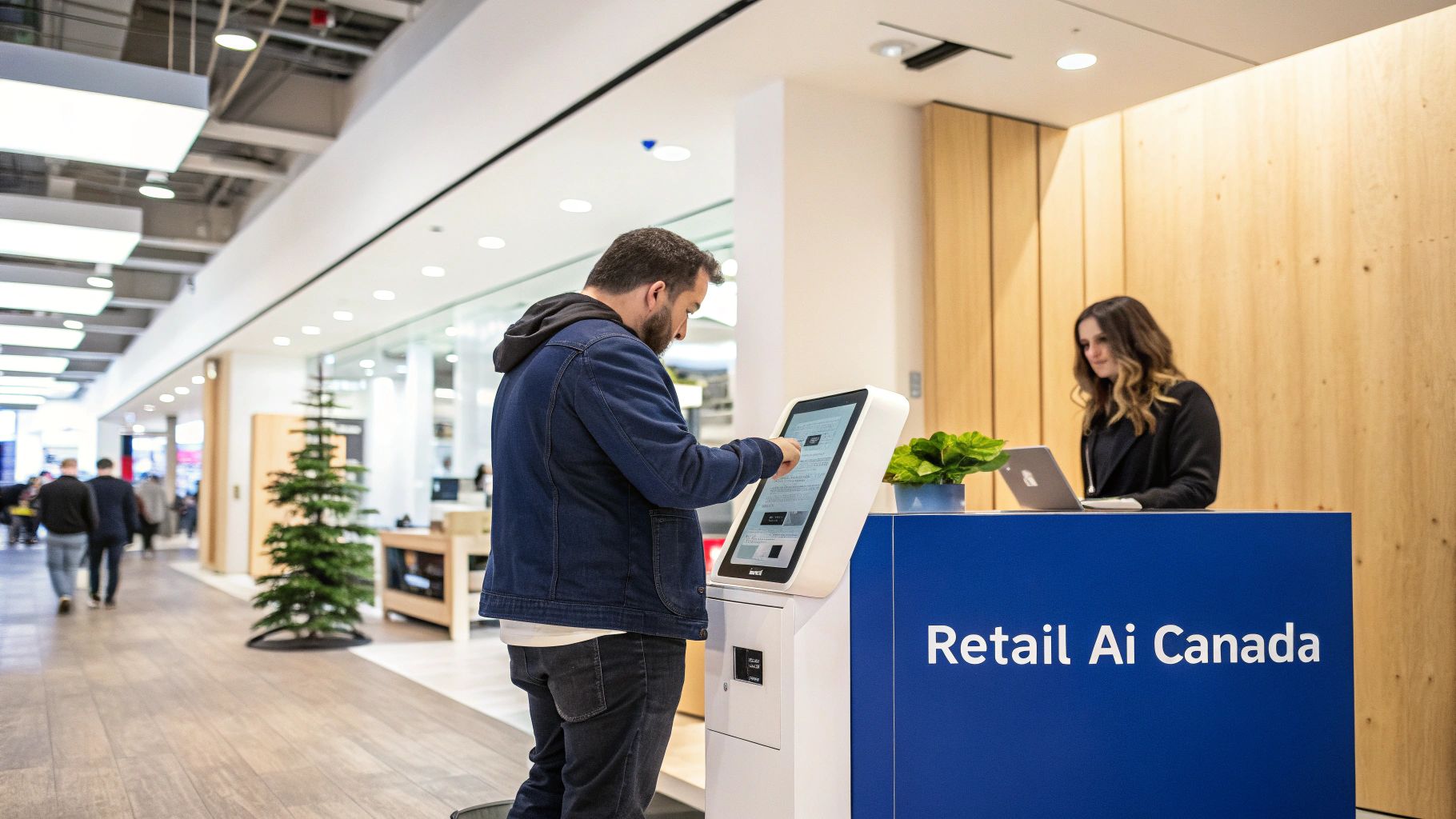 A man uses a self-service kiosk at a 'Retail Ai Canada' counter with a woman working on a laptop.