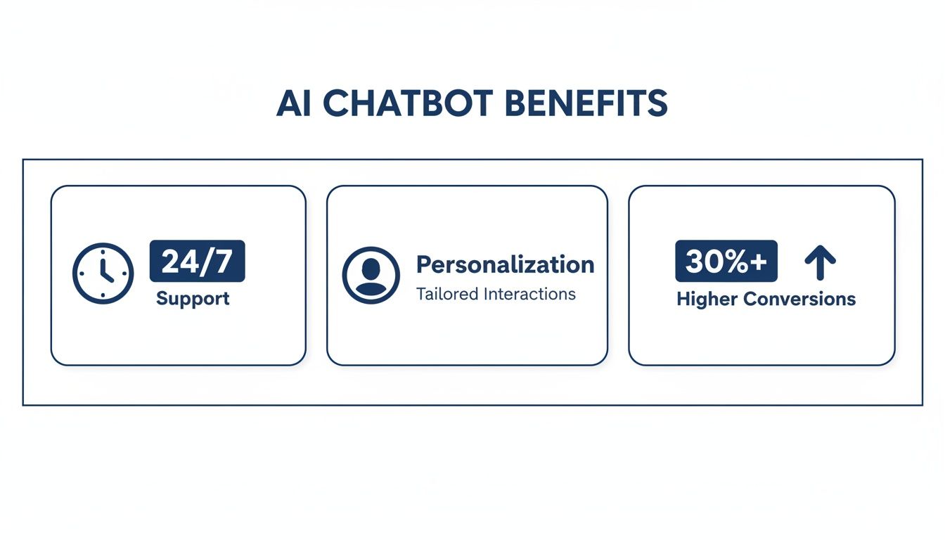 Infographic displaying AI chatbot benefits: 24/7 support, personalization, and over 30% higher conversions.