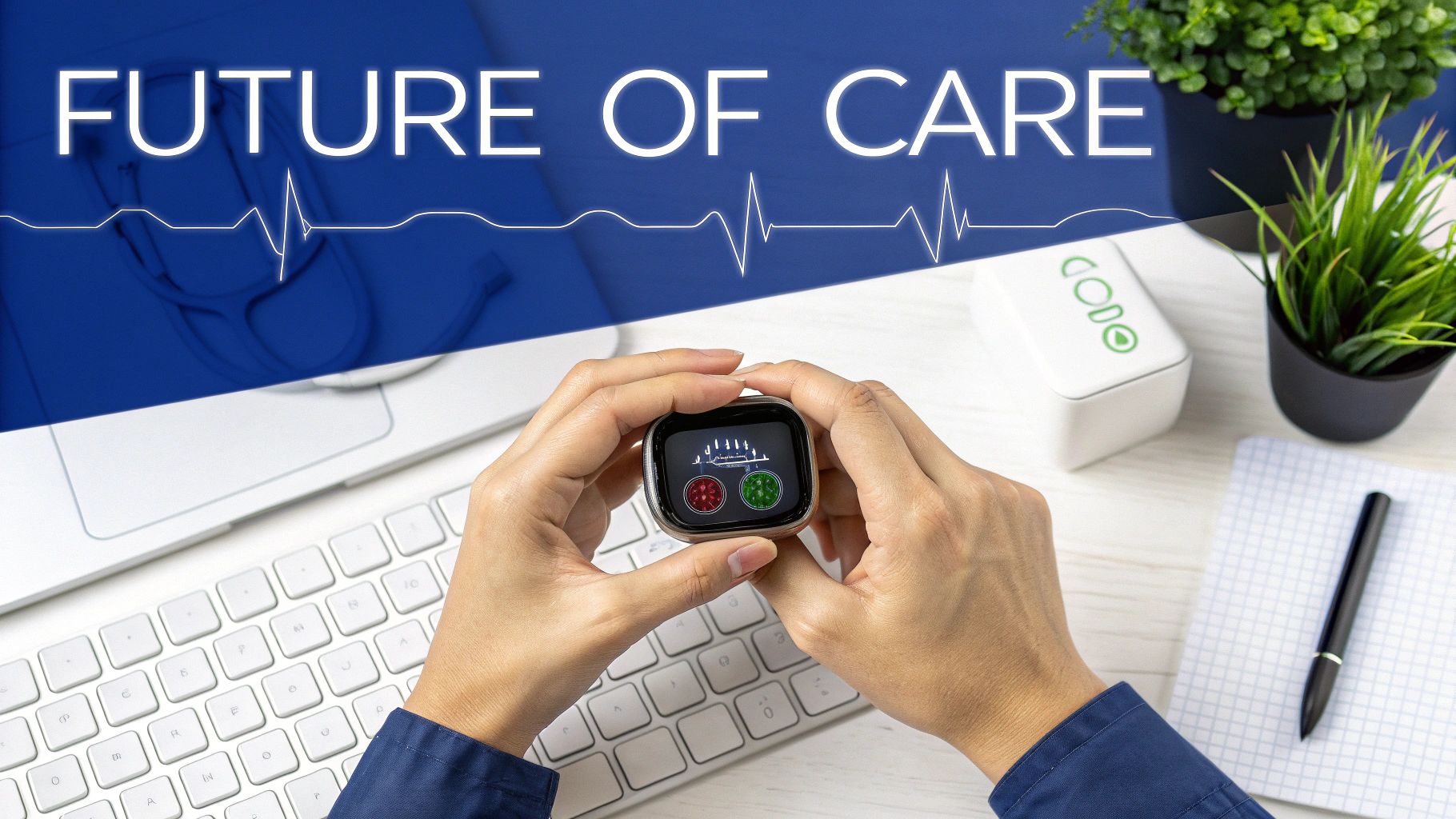 An image showing a futuristic healthcare interface with AI diagnostics and patient data visualization.