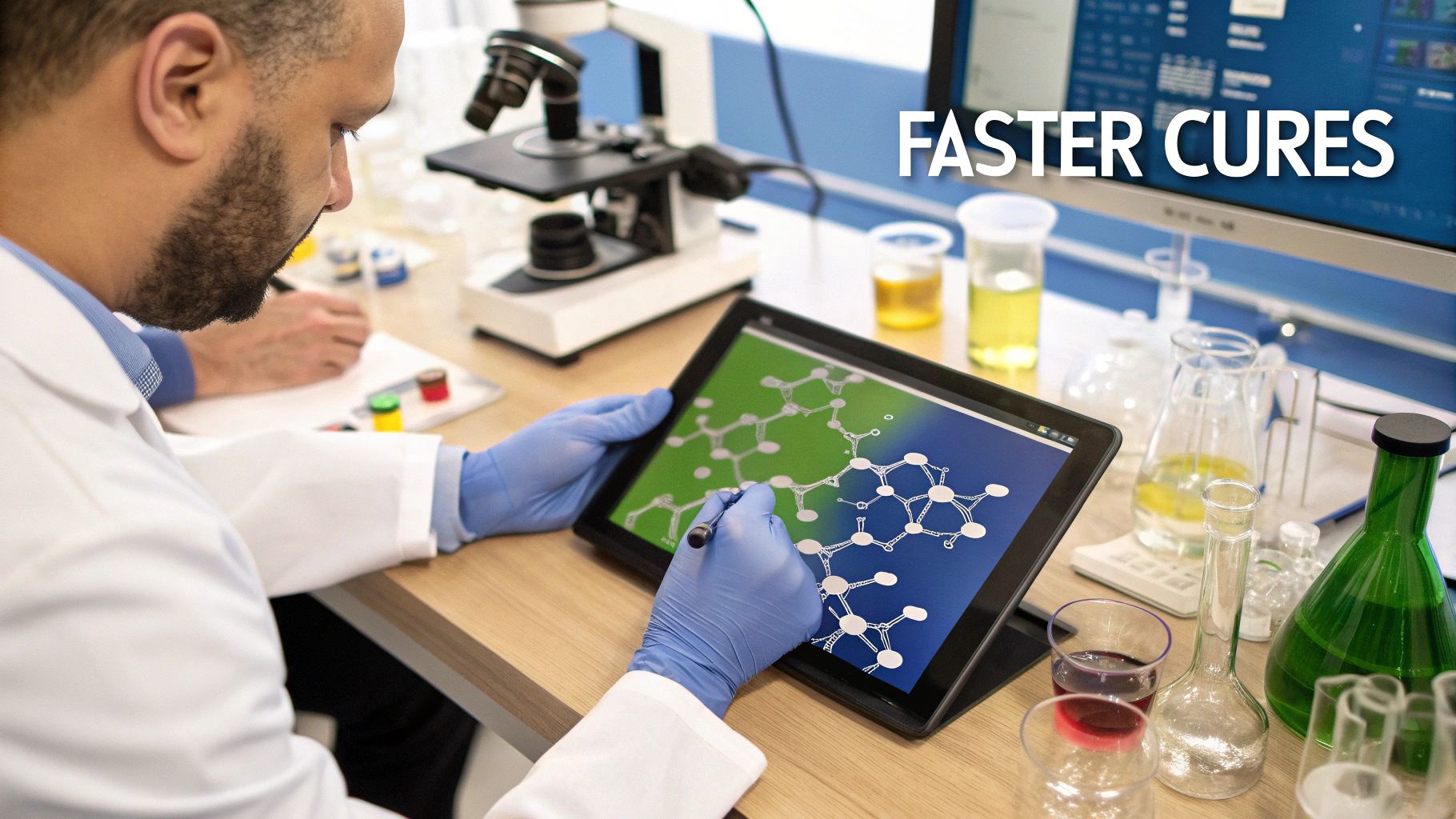 A scientist in a lab looking at a complex molecular structure on a screen, representing AI in drug discovery.