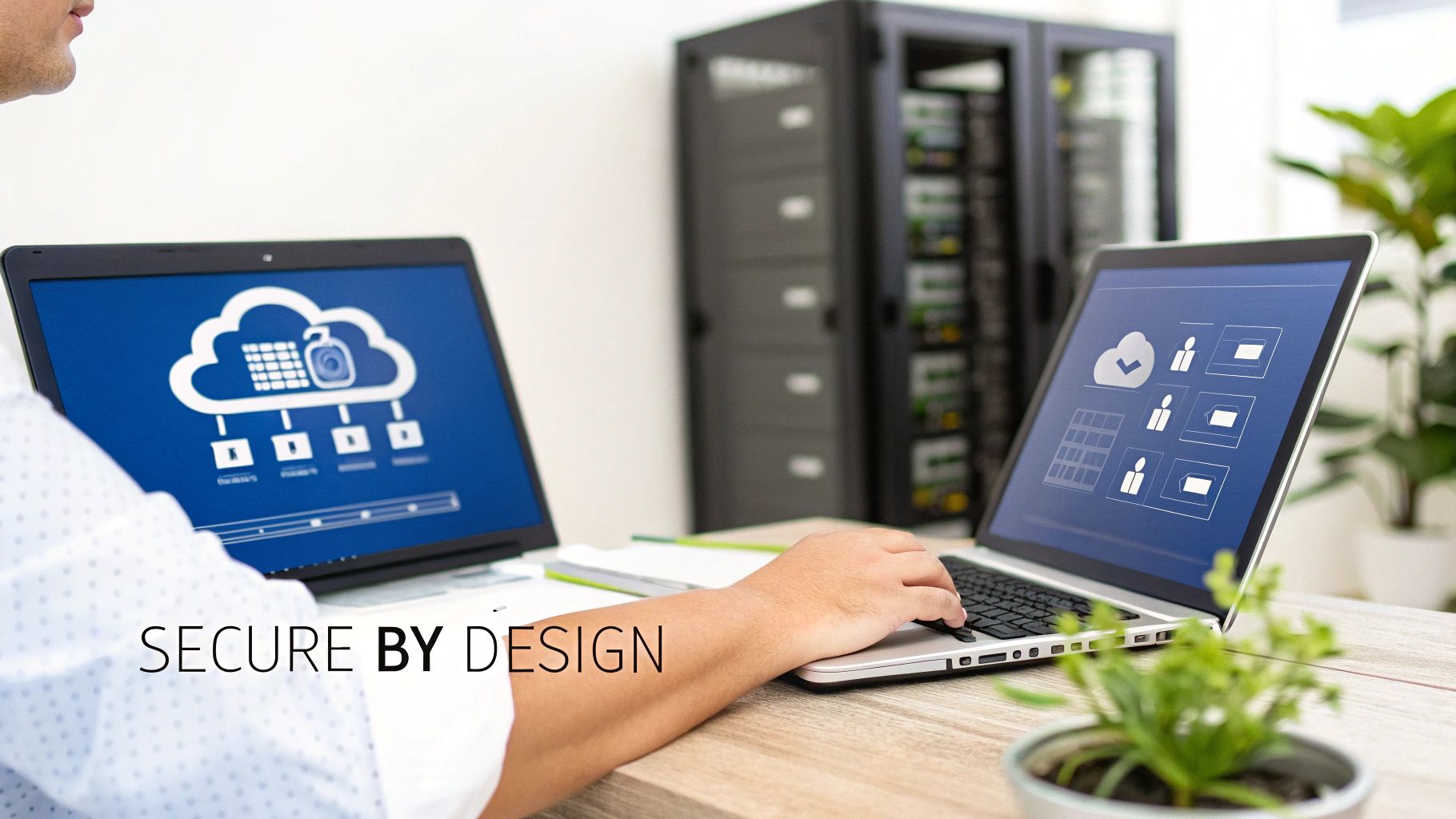 Person securing data on laptops with cloud icons, server racks in background, emphasizing secure by design.