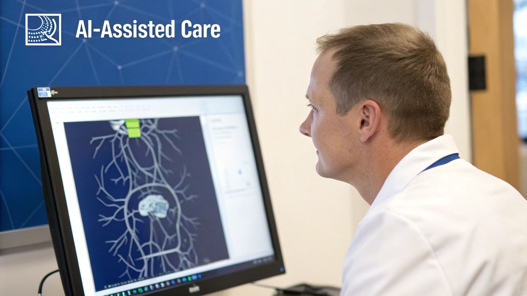 Medical professional analyzing AI-assisted brain imaging and vascular scan on computer monitor in healthcare facility