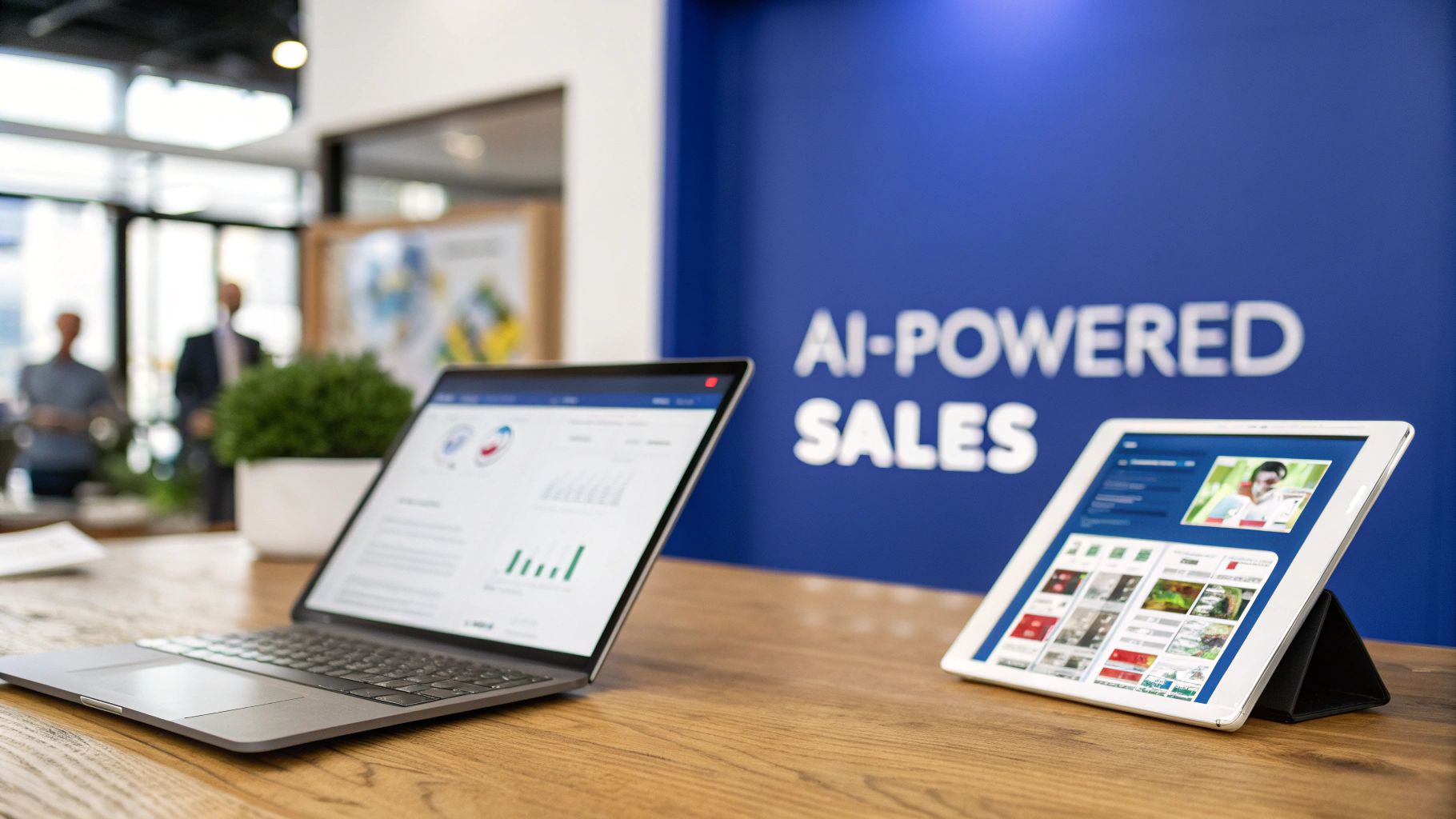 Laptop and tablet on a wooden desk displaying sales analytics and "AI-POWERED SALES" on a blue wall.