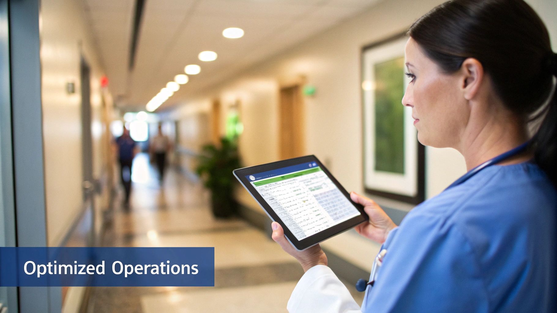 Healthcare professional reviews patient data on a tablet in a modern hospital hallway.