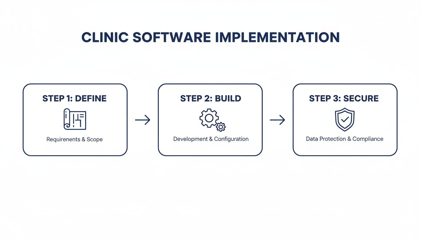 Flowchart showing clinic software implementation steps: define requirements, build development, and secure data protection.