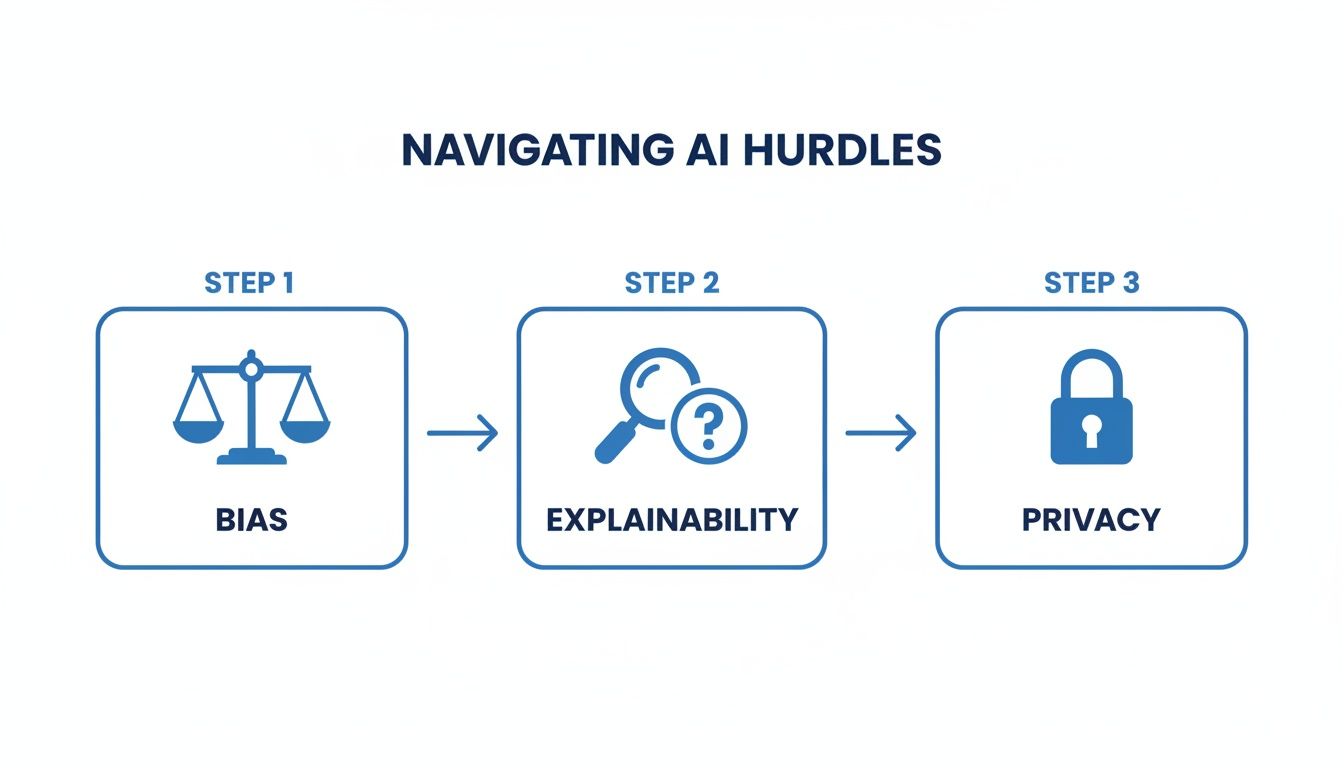 A visual guide outlining three key steps to navigate AI hurdles: bias, explainability, and privacy.