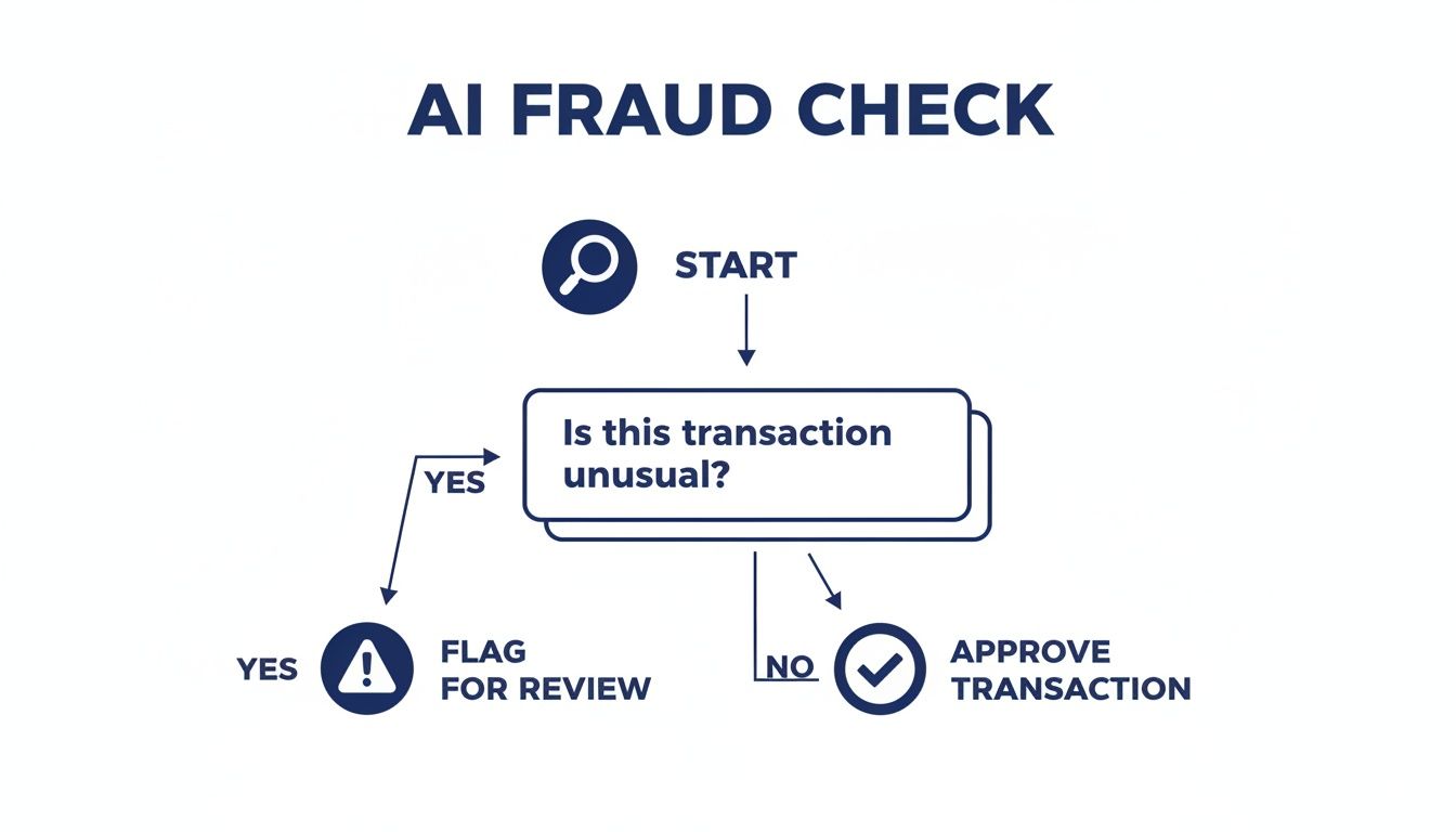 Flowchart illustrating an AI fraud check process for transactions, showing paths for approval or review.