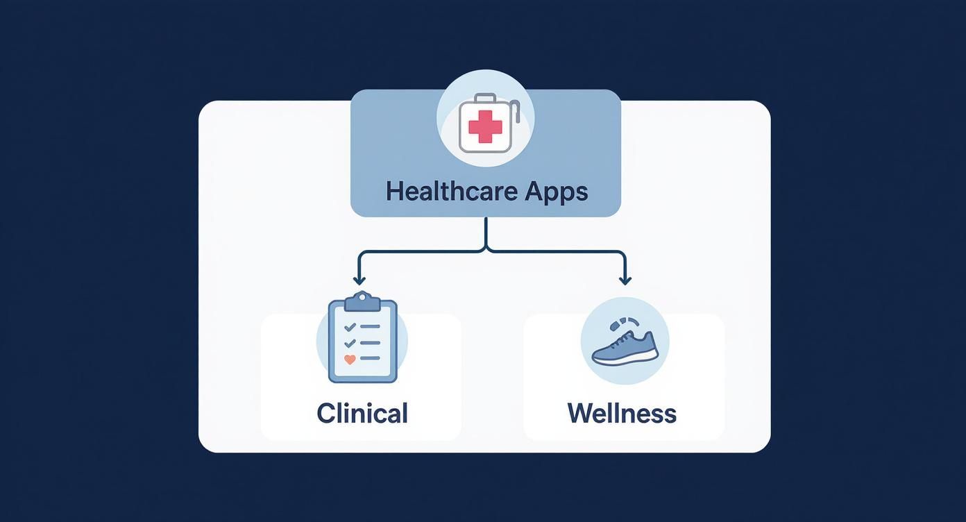 A diagram illustrating Healthcare Apps branching into two categories: Clinical apps (represented by a clipboard) and Wellness apps (represented by a running shoe).