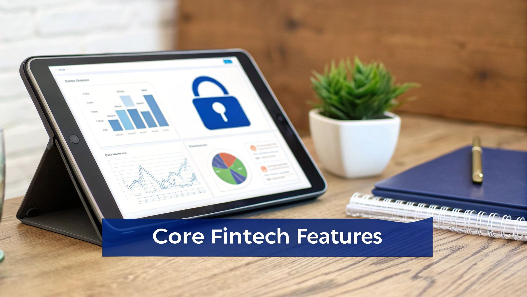 Tablet displaying fintech data visualizations, security icon, and 'Core Fintech Features' on a desk.