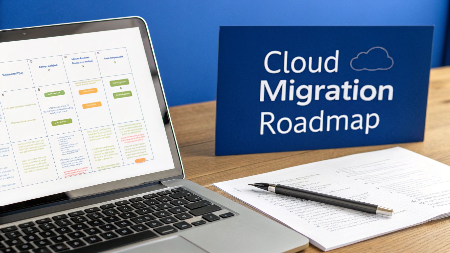 A visual roadmap with icons representing different phases of cloud migration, like assessment, data migration, and training.
