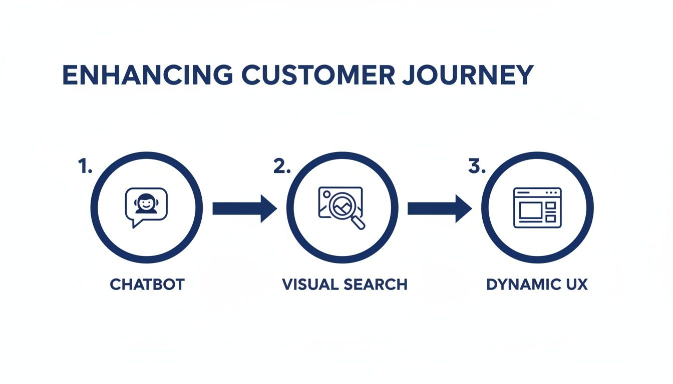A diagram showing three steps to enhance the customer journey: Chatbot, Visual Search, and Dynamic UX.