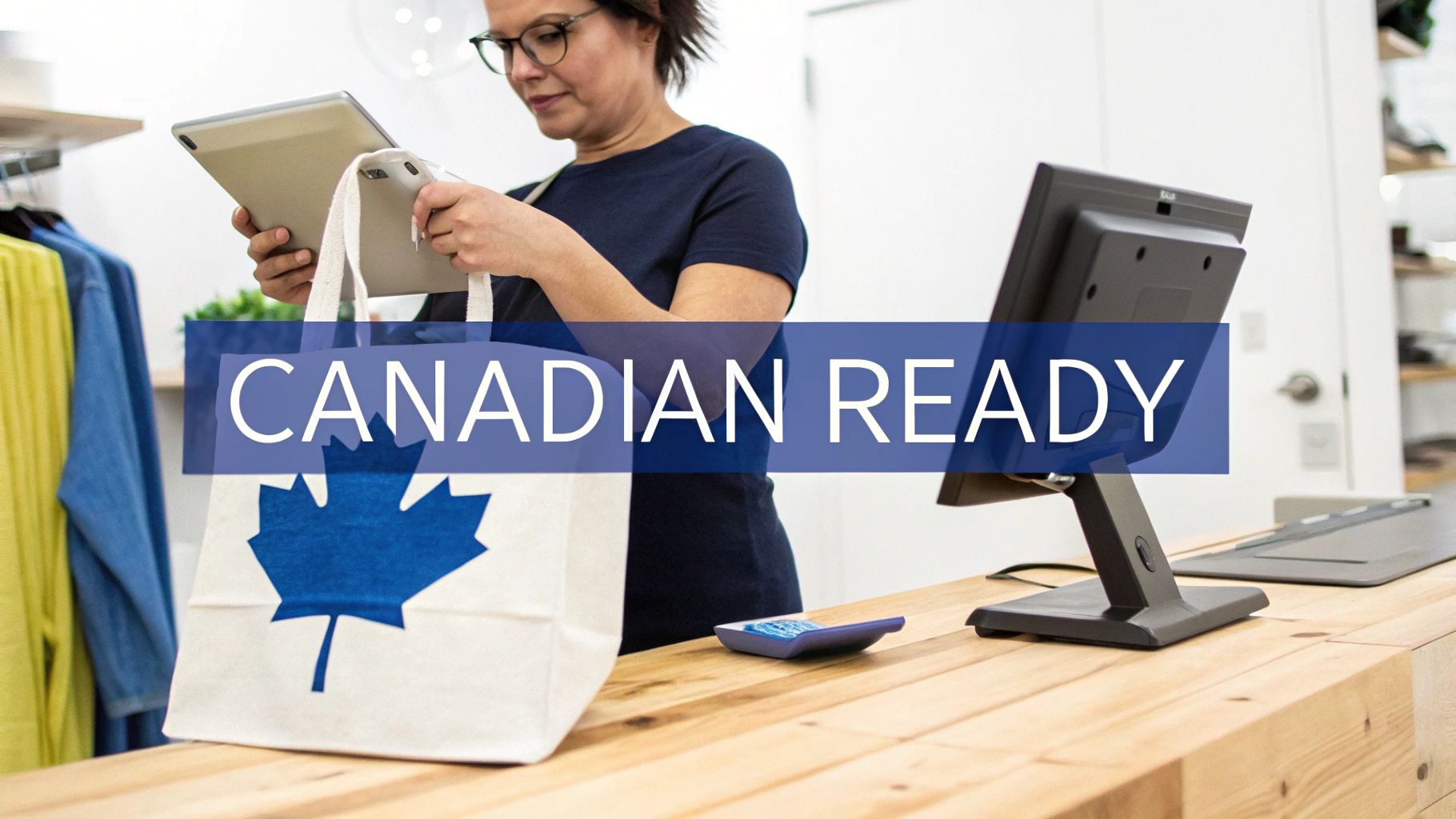A woman uses a tablet at a retail store checkout with a Canadian maple leaf bag on the counter.