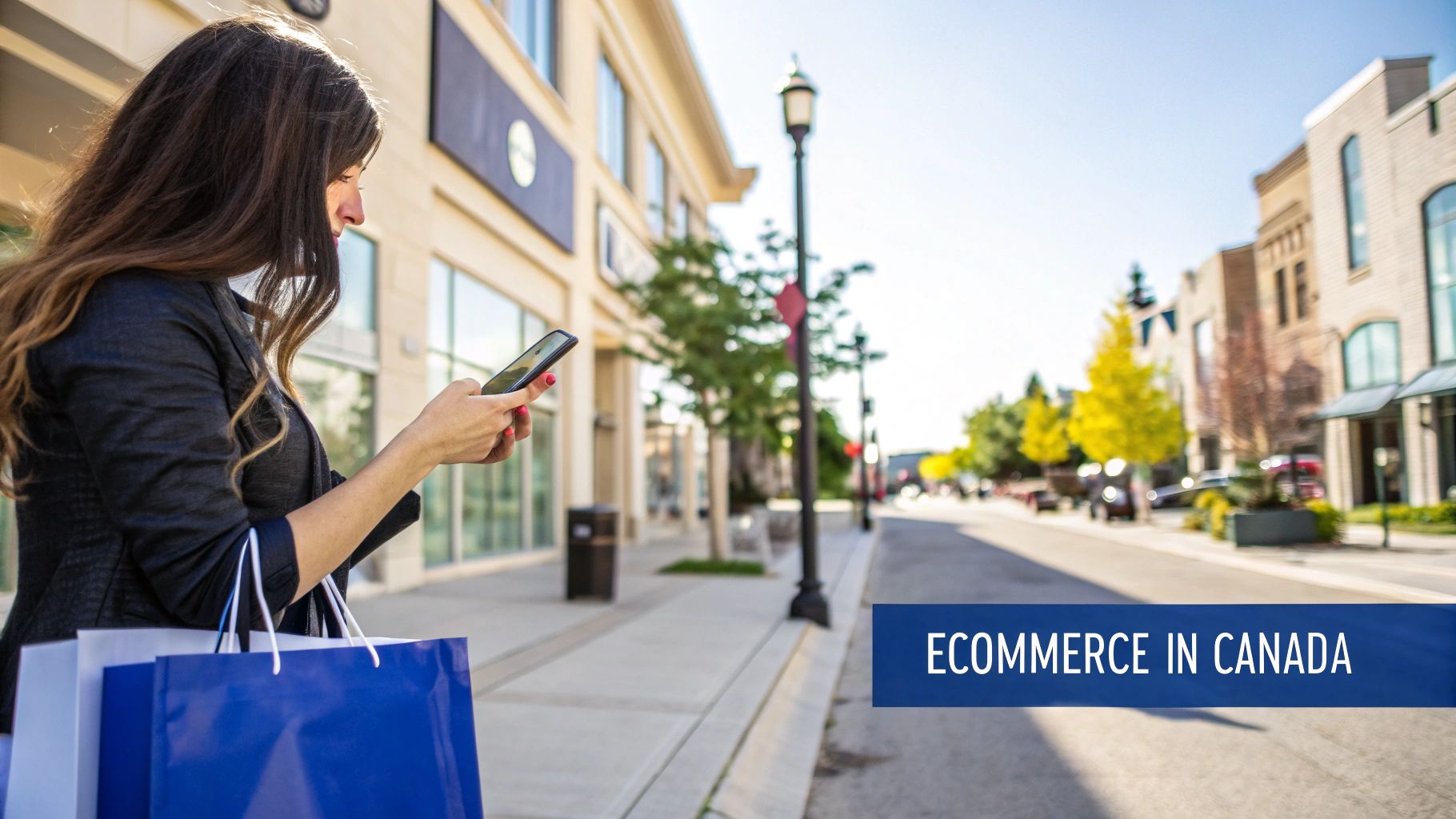 A woman with shopping bags uses her smartphone on a street, representing e-commerce in Canada.