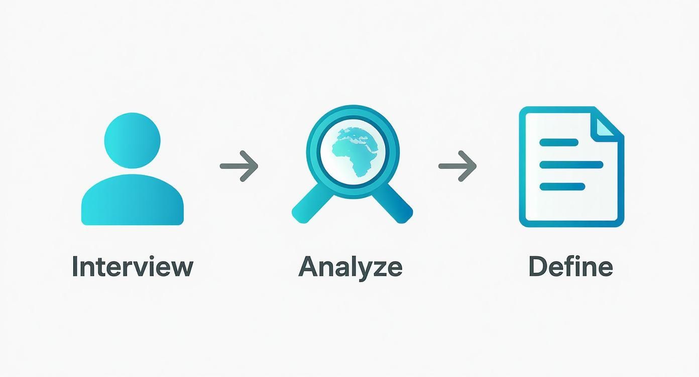 Three-step process diagram showing interview, analyze, and define phases in user research methodology