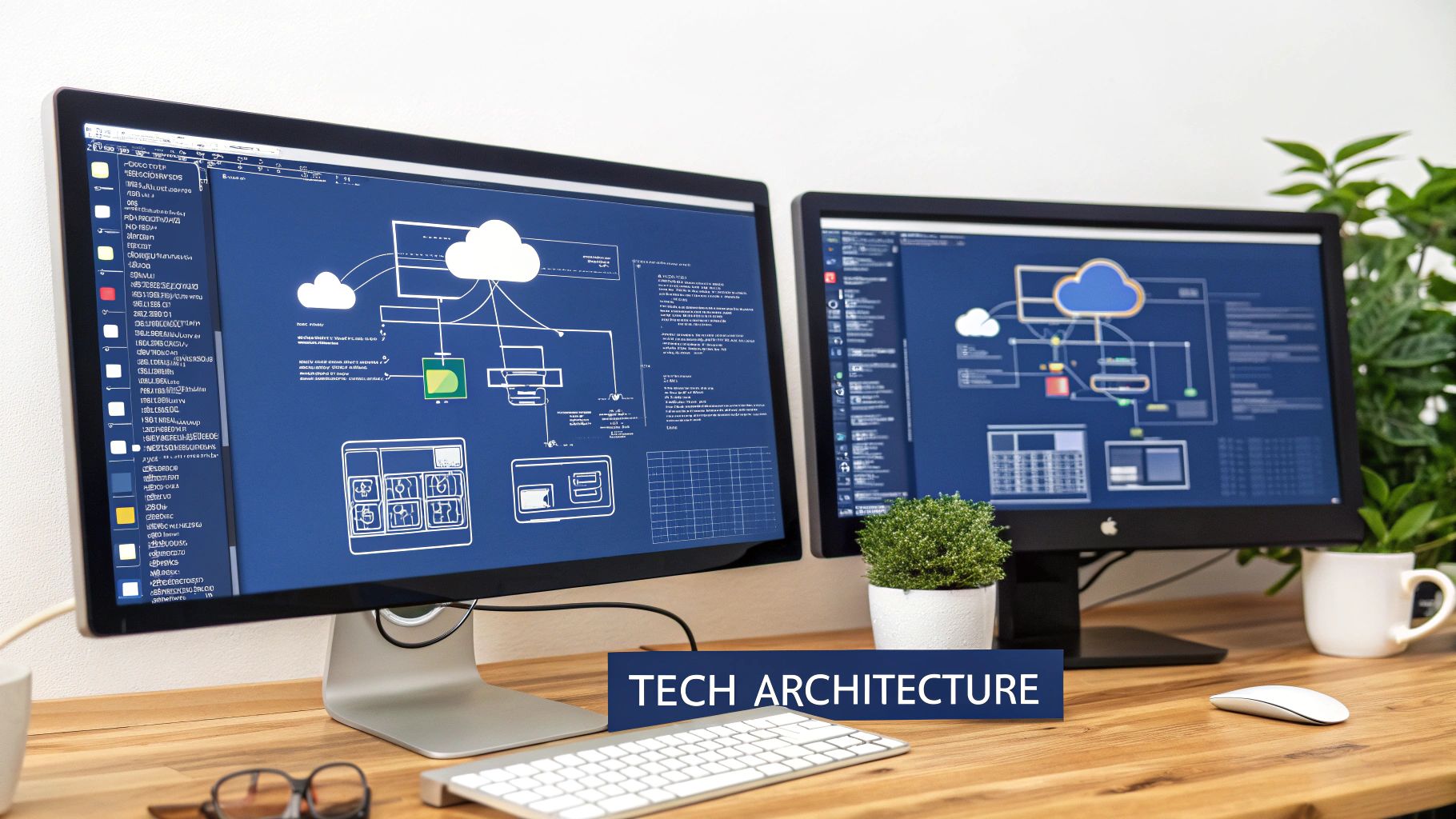 Two computer monitors display intricate cloud tech architecture diagrams on a wooden desk.