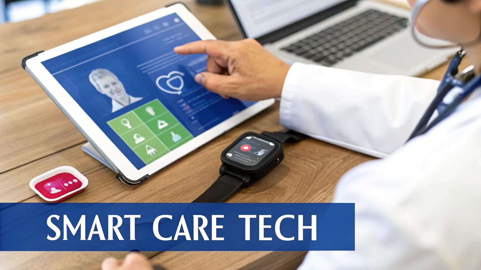 A healthcare professional uses a tablet displaying patient data, with a smartwatch and other smart care devices.
