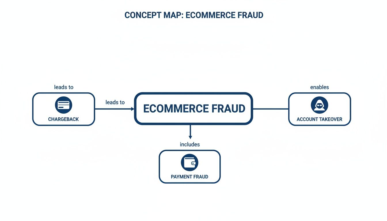Concept map illustrating e-commerce fraud, its causes like chargebacks, and related types like payment fraud and account takeover.