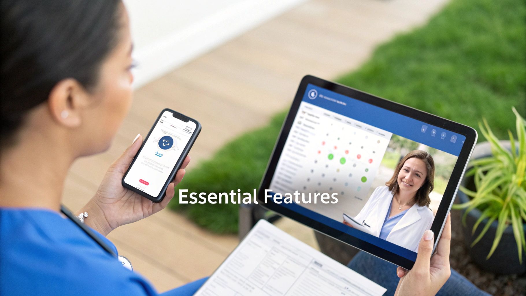 A healthcare worker uses a smartphone app and tablet for a telehealth consultation with a doctor.