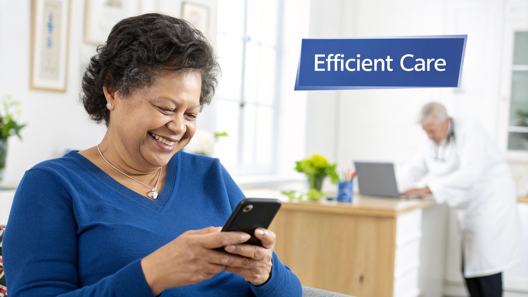 A doctor and a patient smiling during a consultation, representing increased patient satisfaction.