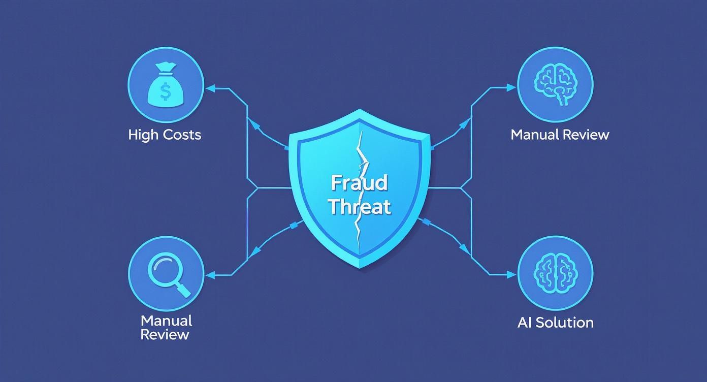 Diagram illustrating fraud threat challenges like high costs and manual review, with an AI solution for protection.