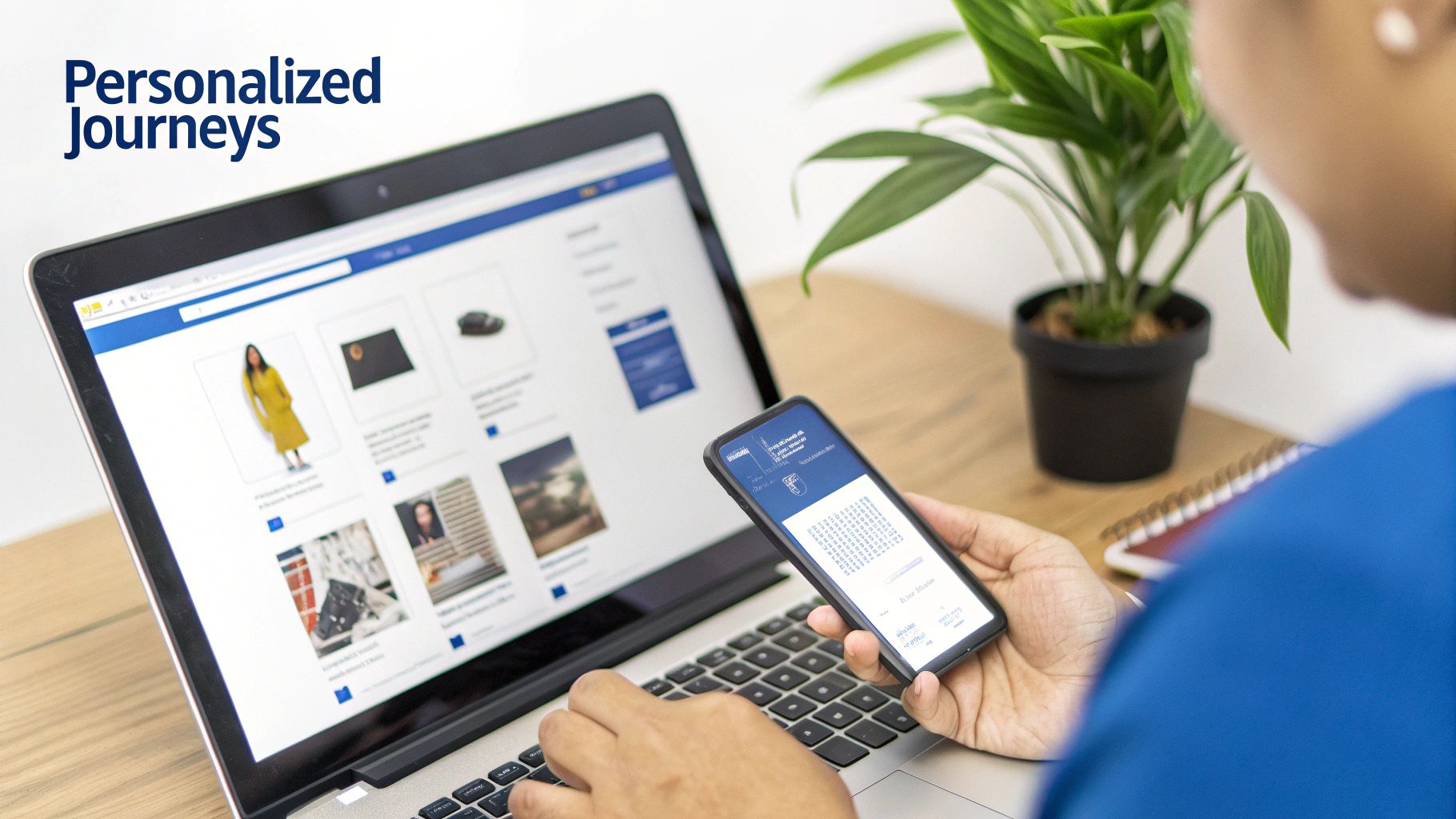 Close-up of a person simultaneously using a laptop and smartphone for personalized online content.