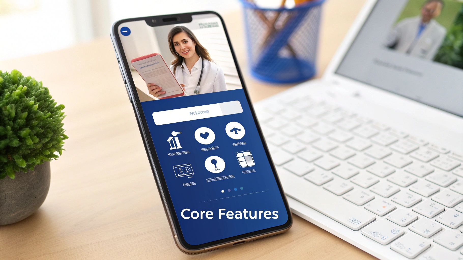 A smartphone displaying a healthcare app interface with user profiles and charts.