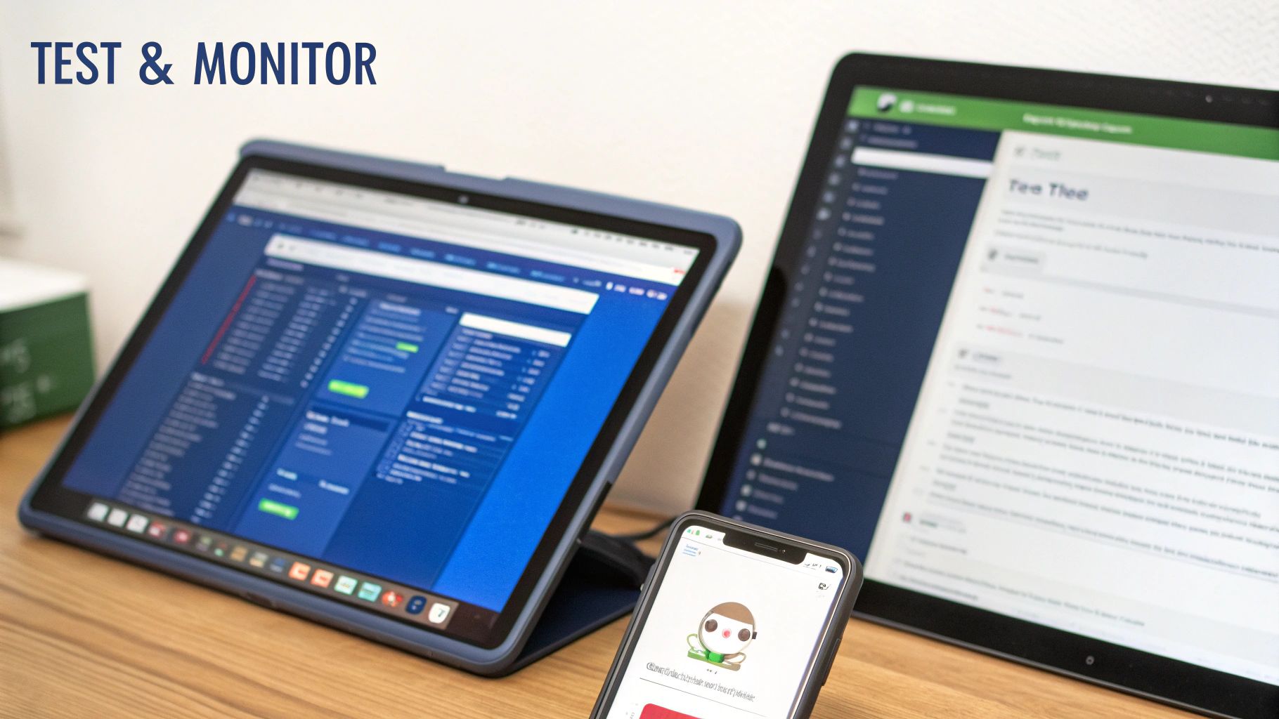 Multiple digital devices on a wooden desk, displaying various interfaces for testing and monitoring.