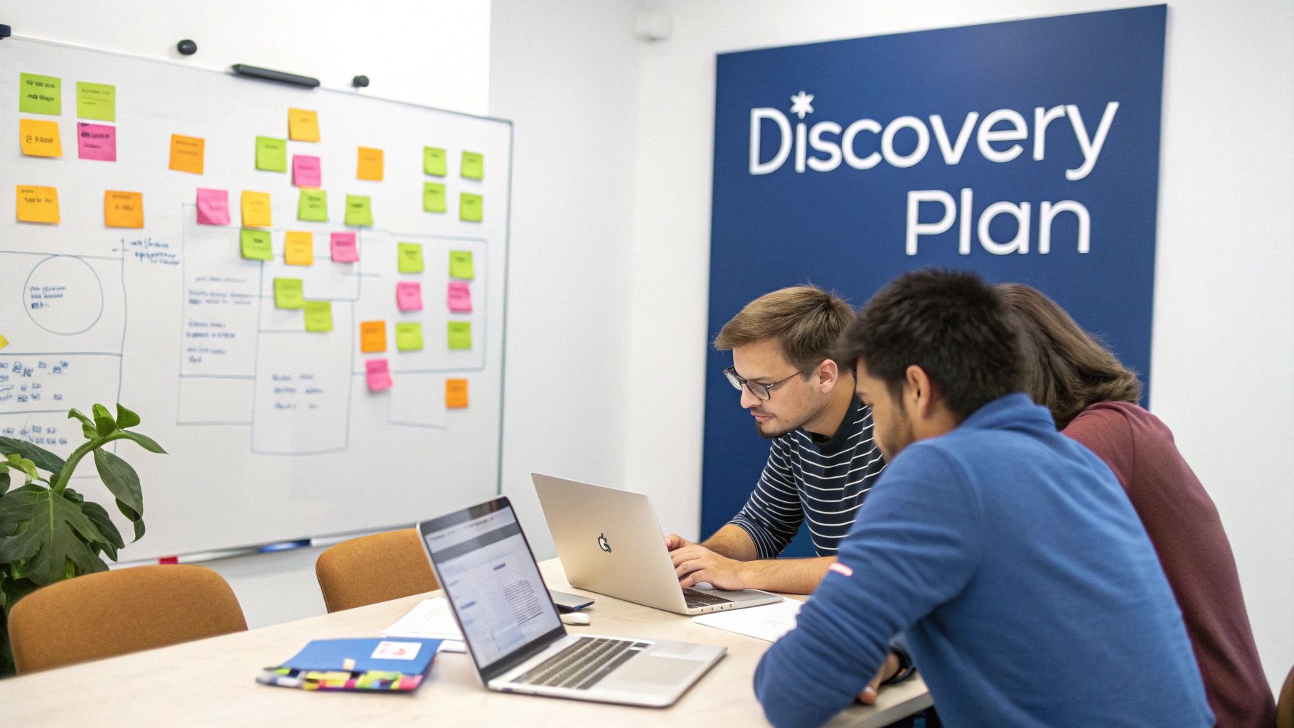 A team collaborates on laptops in an office, brainstorming with sticky notes on a whiteboard.