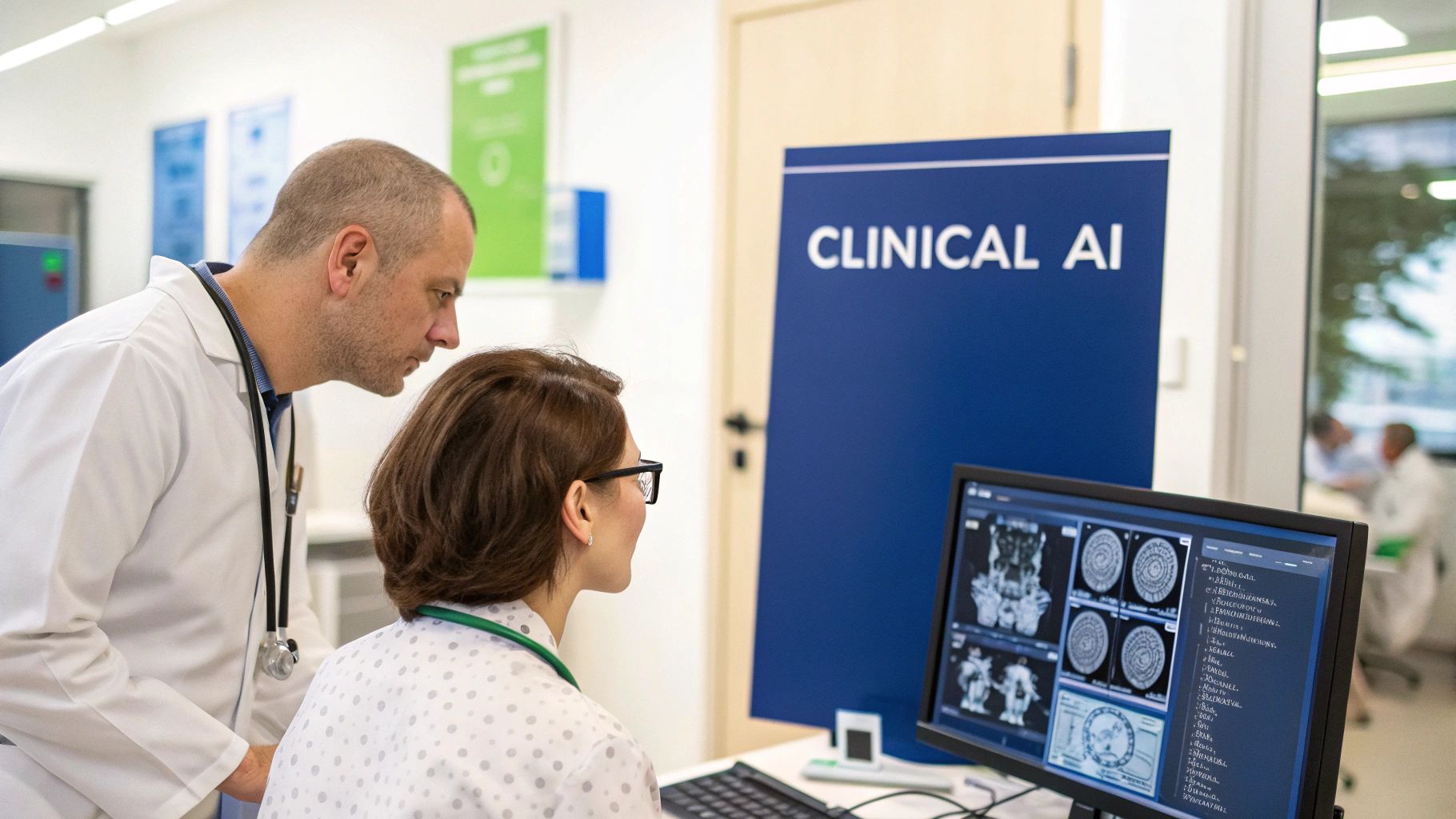 AI models analyzing different medical scans like mammograms, brain MRIs, and heart ultrasounds