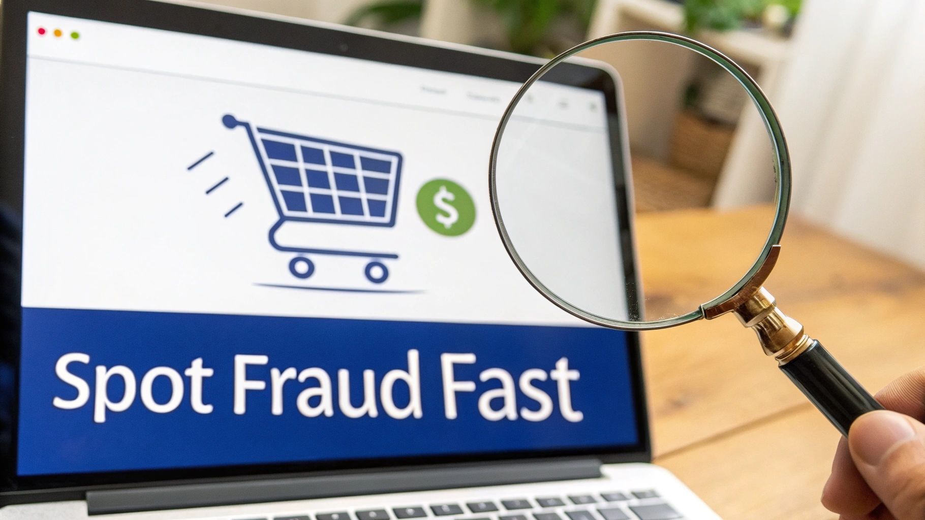 A magnifying glass examines a laptop screen showing an online shopping cart and 'Spot Fraud Fast'.