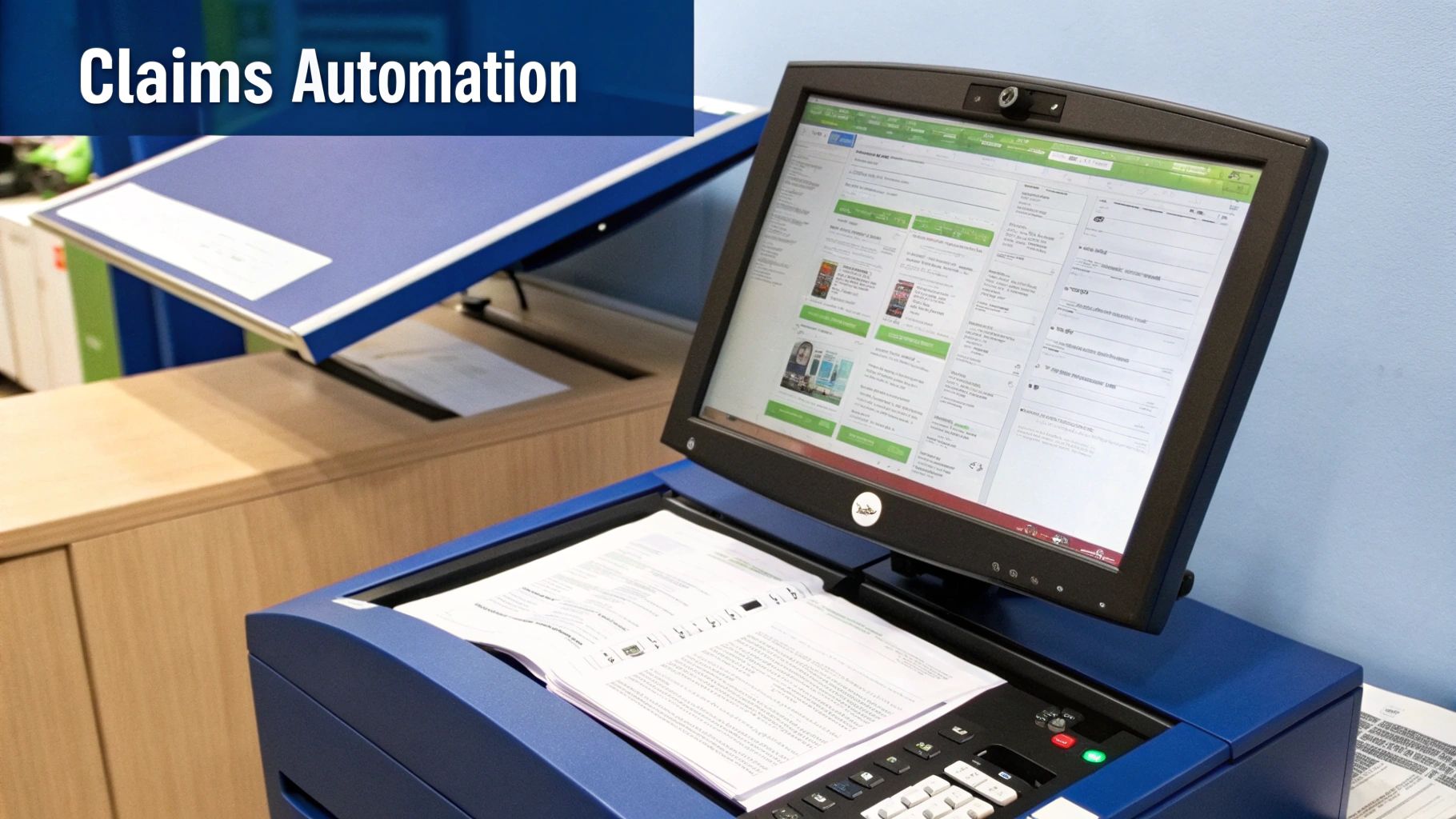An insurance agent using a futuristic interface with AI-driven data visualizations to assist a client.
