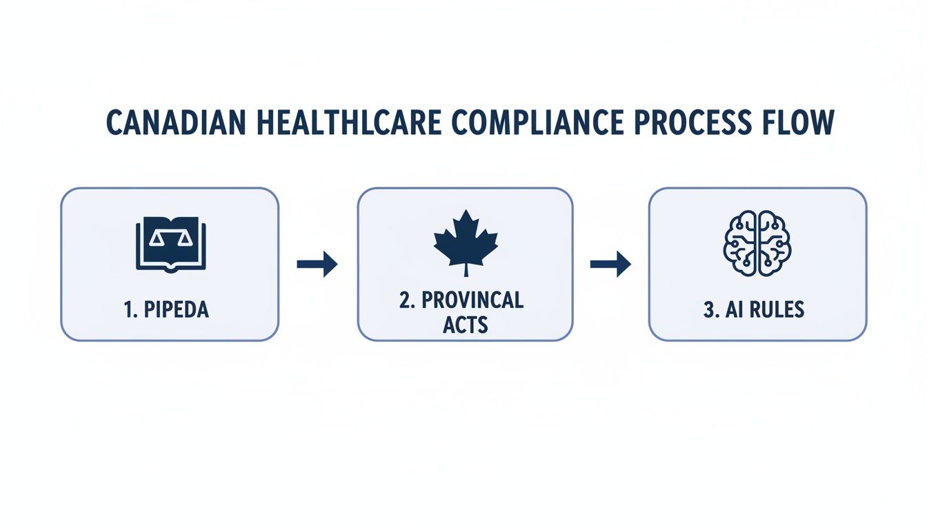 Flowchart illustrating the Canadian healthcare compliance process: PIPEDA, Provincial Acts, and AI Rules.