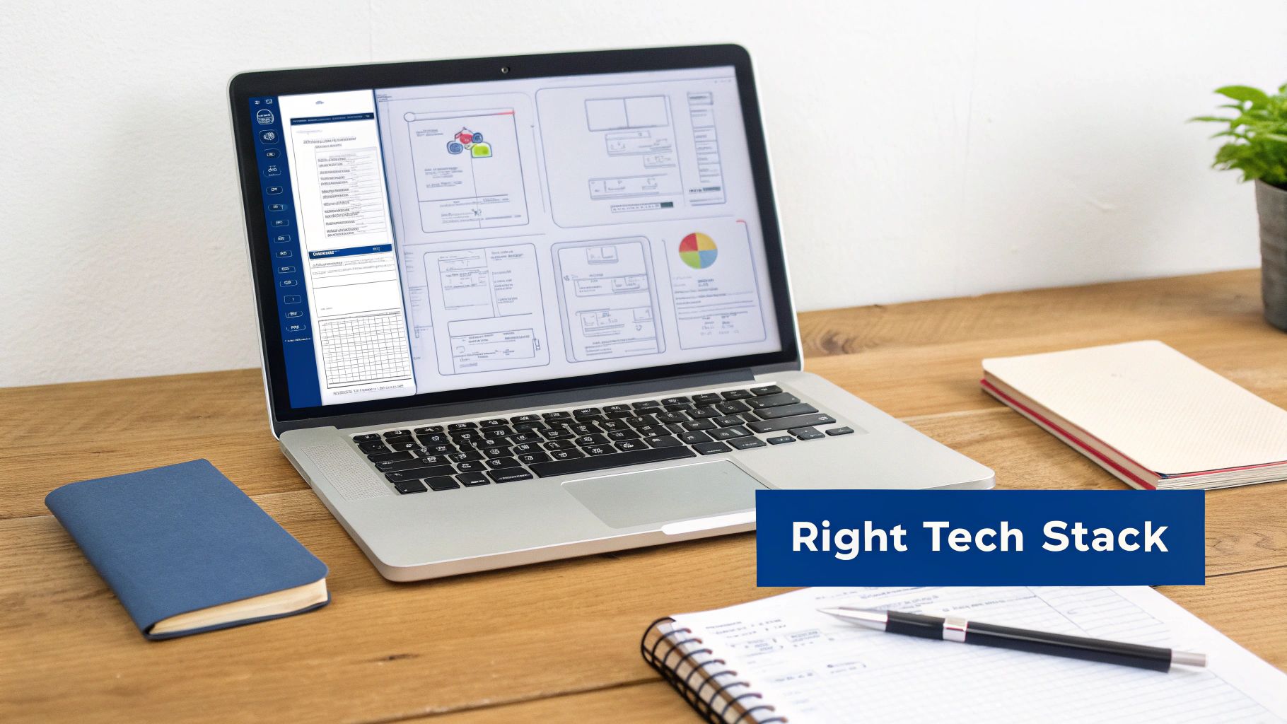 A modern laptop showcases app wireframes and designs on a wooden desk with office supplies.