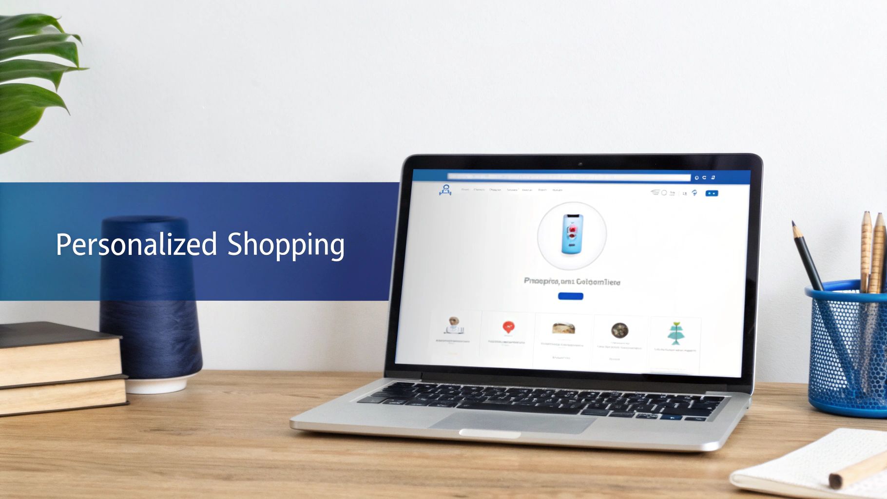 Laptop showing a 'Personalized Shopping' screen with product images on a modern office desk.