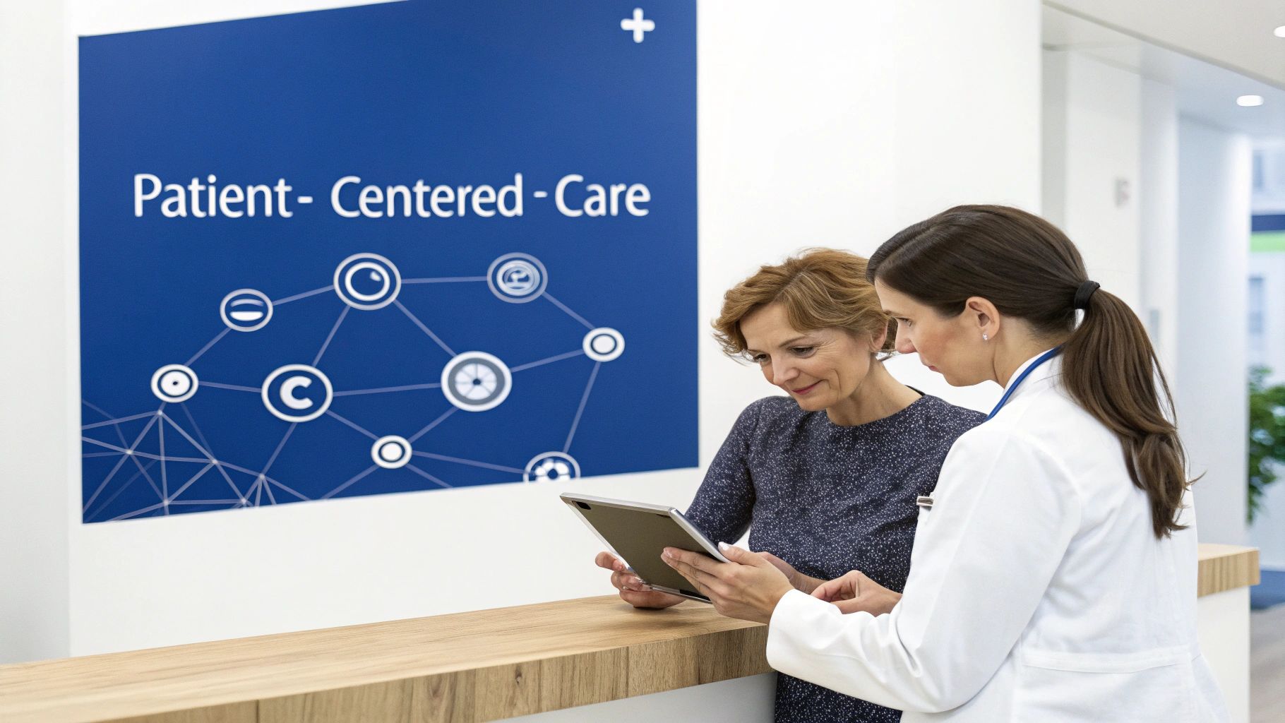A female doctor shows a tablet to a smiling female patient at a modern healthcare facility.