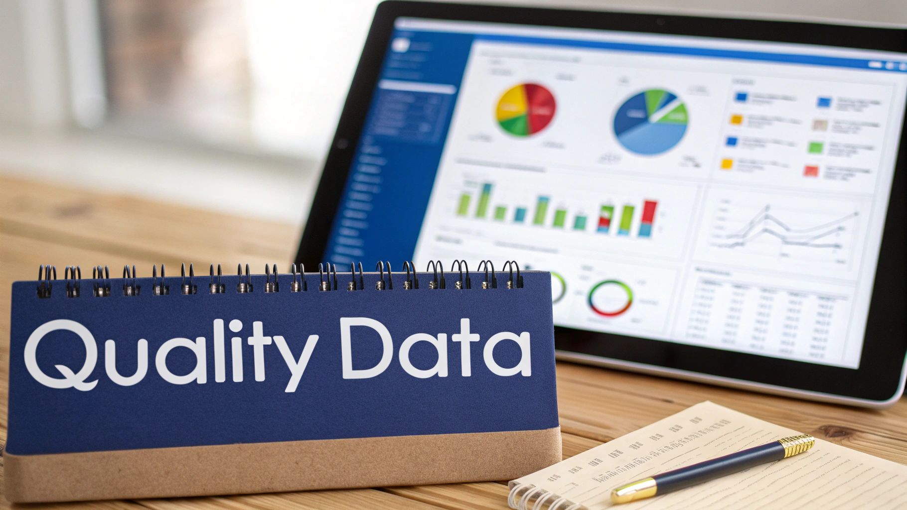 A 'Quality Data' sign on a desk with a tablet displaying data analytics dashboards and charts.