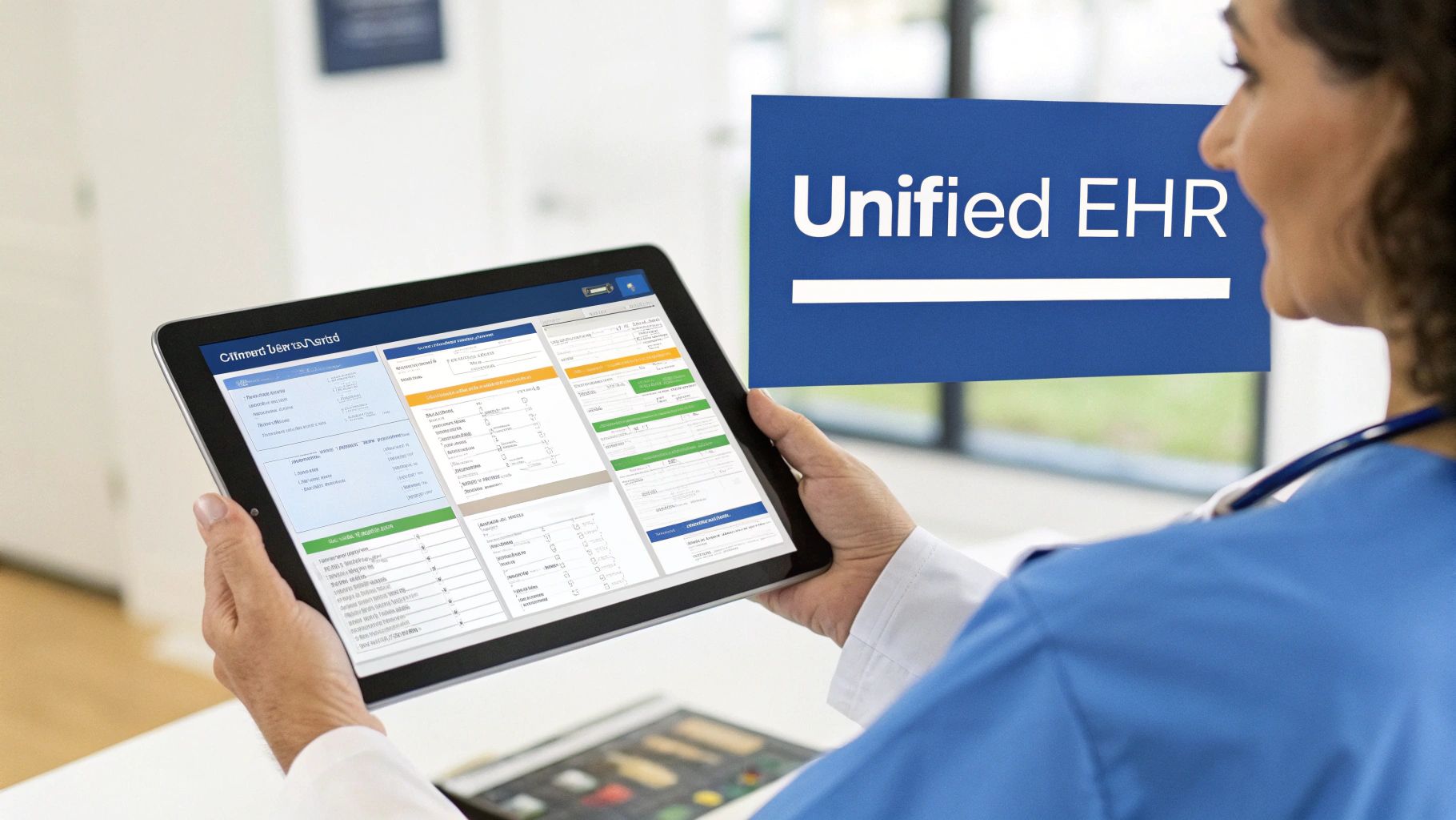 Healthcare professional viewing unified electronic health records system on tablet in hospital setting