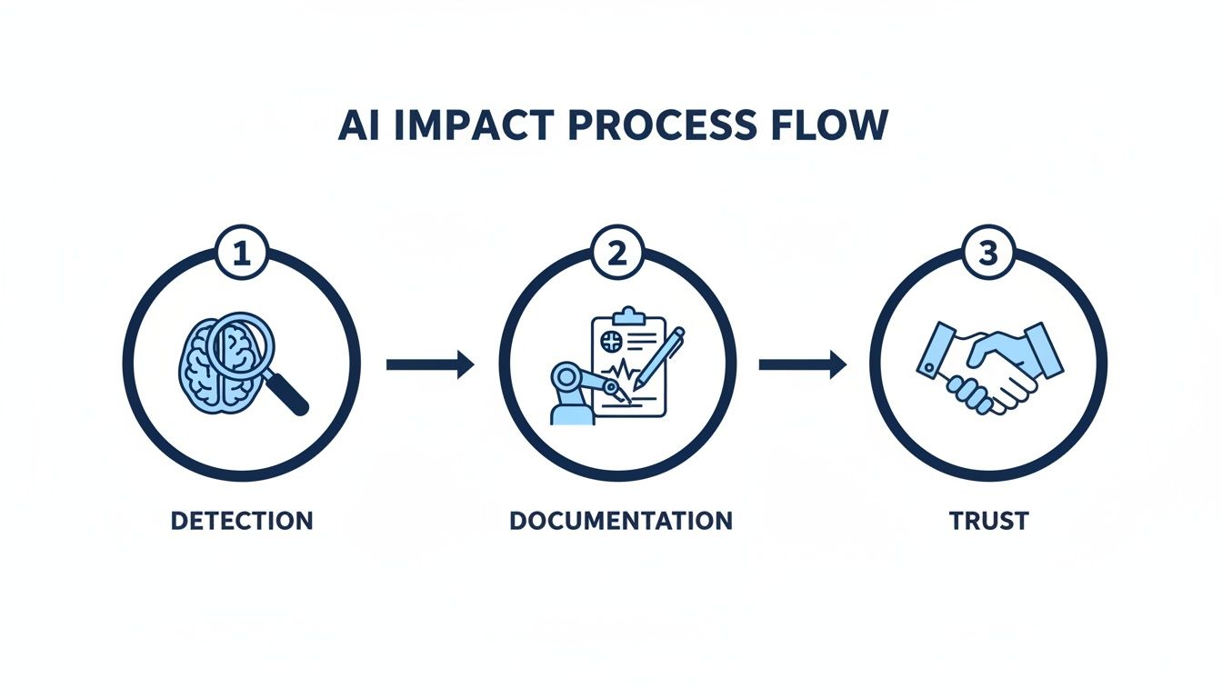 A three-step AI impact process flow, including detection, documentation, and building trust.
