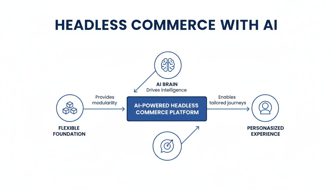 Diagram shows flexible foundation and AI powering a headless commerce platform for personalized experiences.