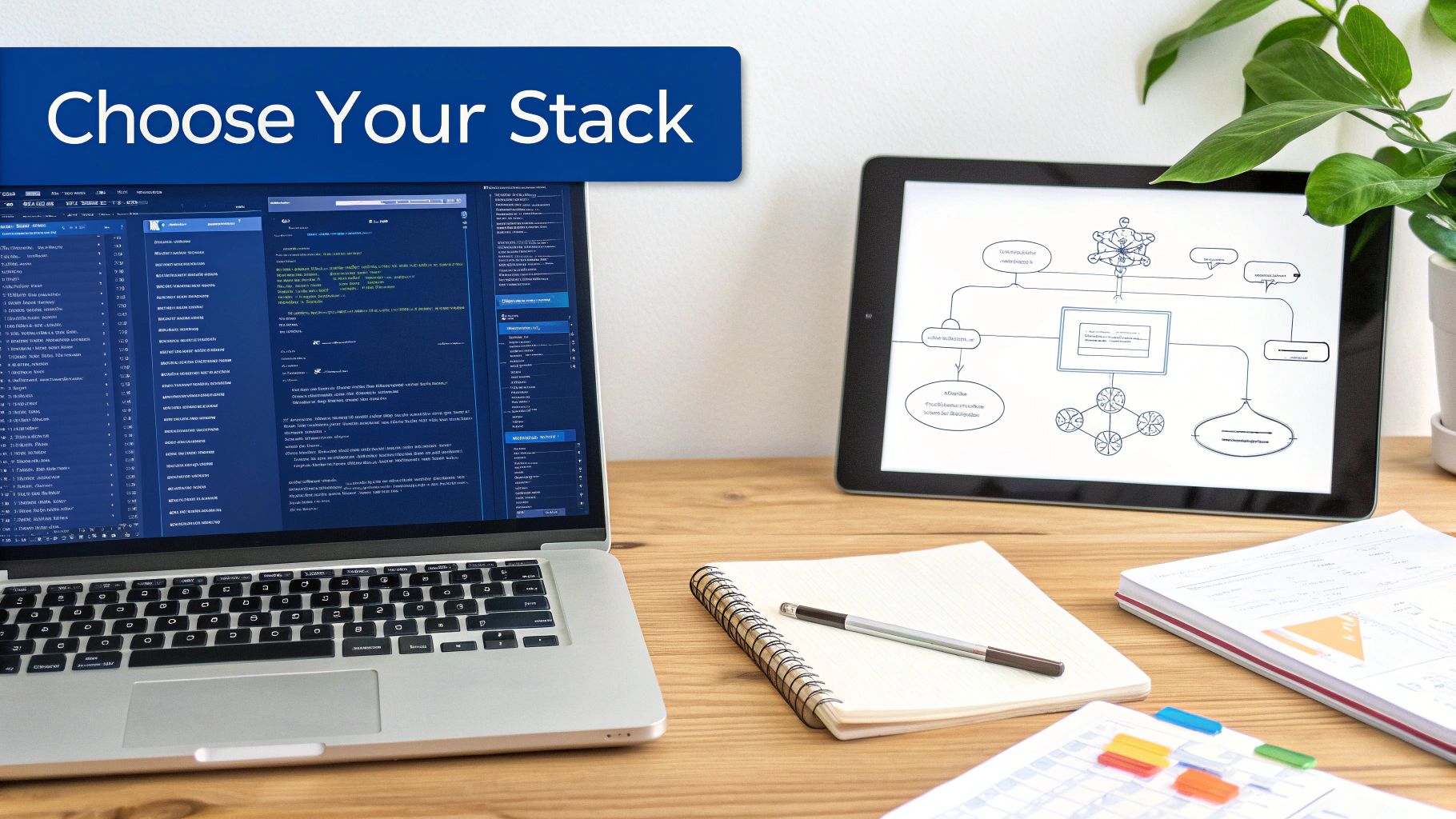 A laptop showing code, a tablet with a diagram, and a notebook on a wooden desk, with 'Choose Your Stack' text.
